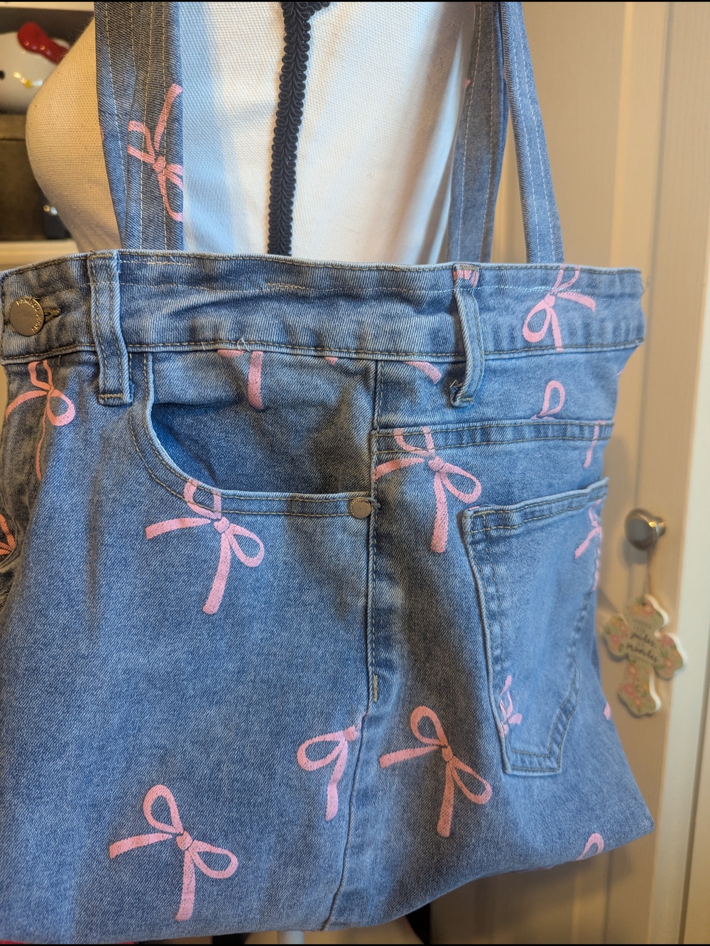 Blue Denim Tote with Pink Bow Print